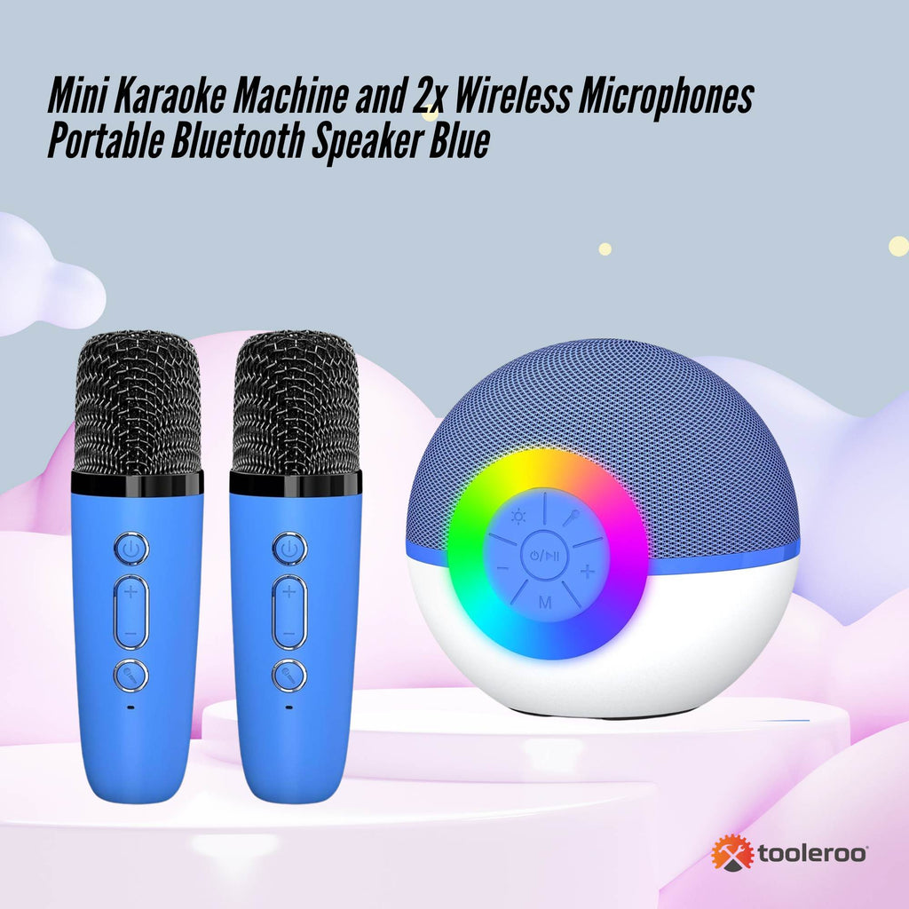 Blue mini karaoke machine with two wireless microphones and multicolour LED party lights. — view 2