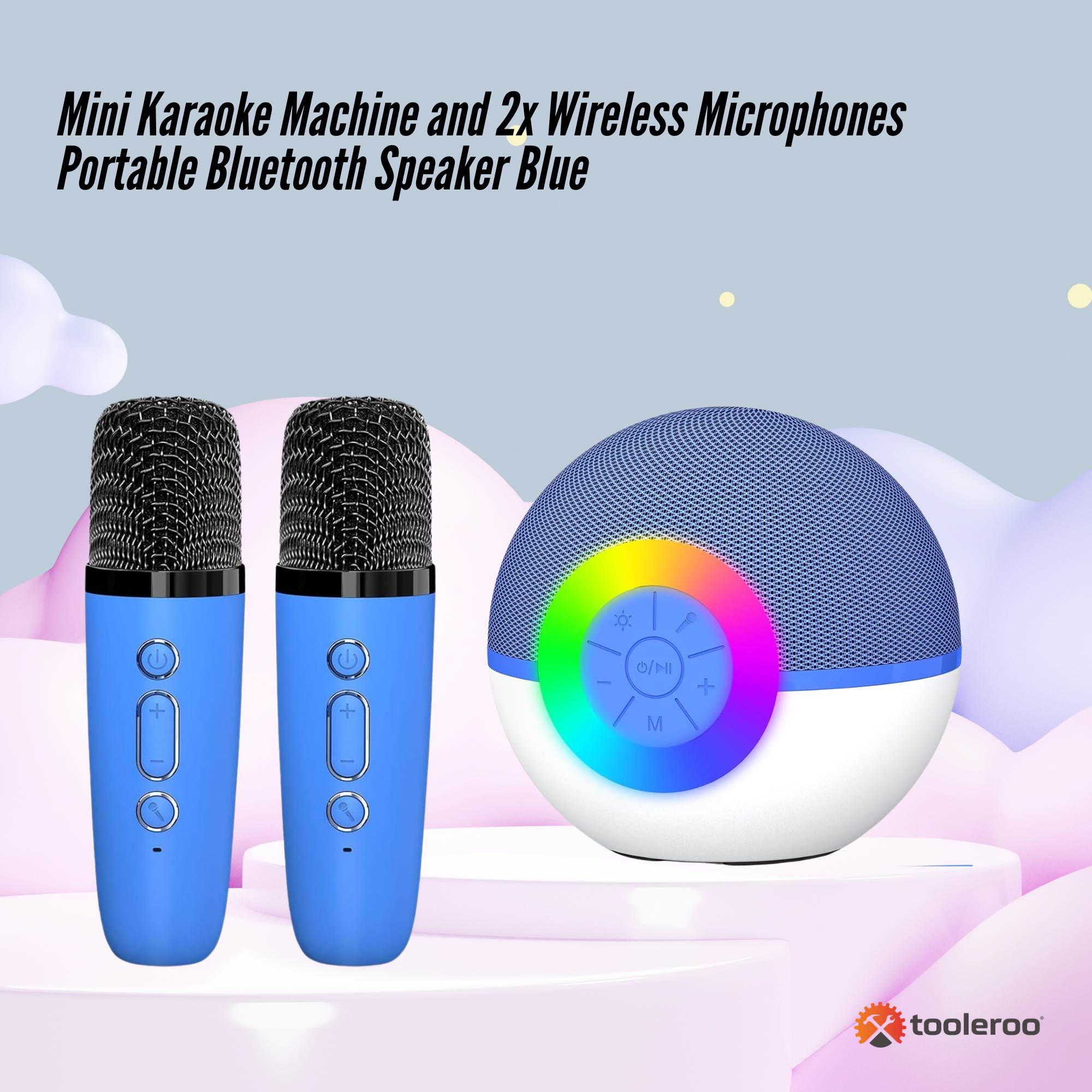 Blue mini karaoke machine with two wireless microphones and multicolour LED party lights. — view 2