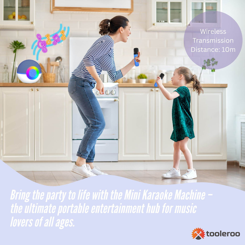 Blue mini karaoke machine with two wireless microphones and multicolour LED party lights. — view 3