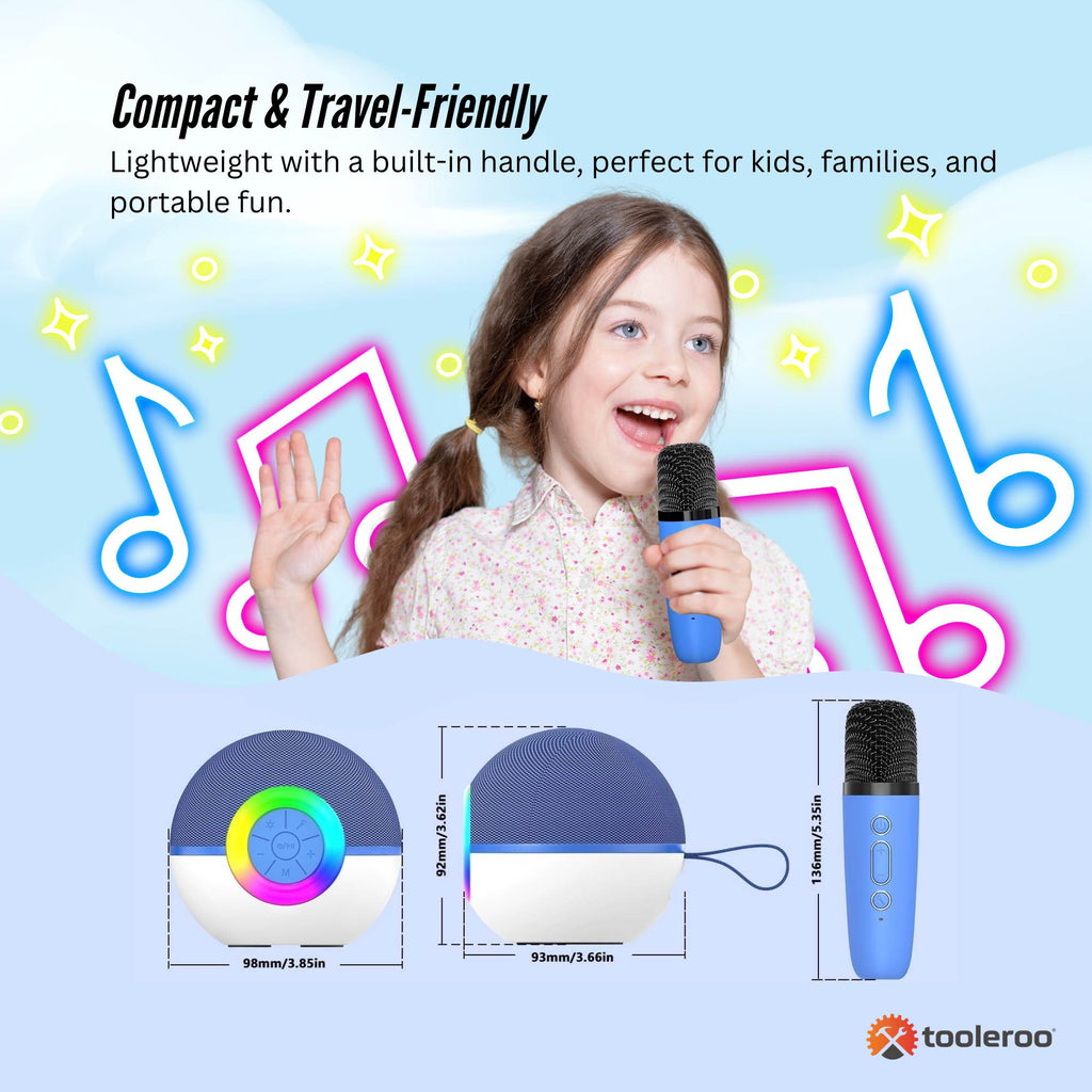 Blue mini karaoke machine with two wireless microphones and multicolour LED party lights. — view 4
