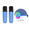 Blue mini karaoke machine with two wireless microphones and multicolour LED party lights.