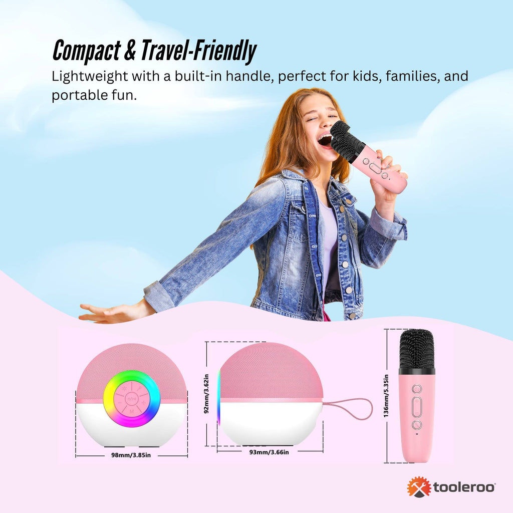 Pink mini karaoke machine speaker with two matching wireless microphones and vibrant LED lights — view 4