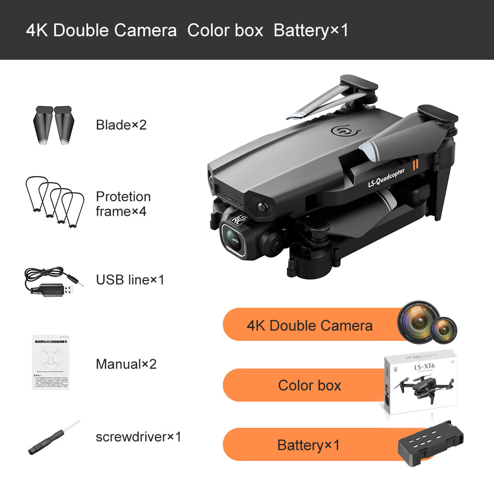Mini 4K dual-lens quadcopter drone in black with remote control and smartphone app interface. — view 4