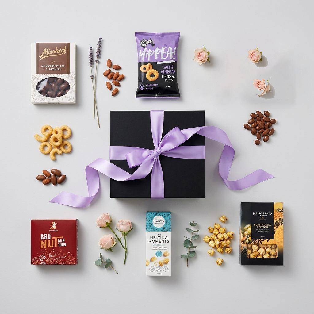 Mini Australian gourmet snack hamper in a black gift box with purple ribbon and sweet treats. — view 2