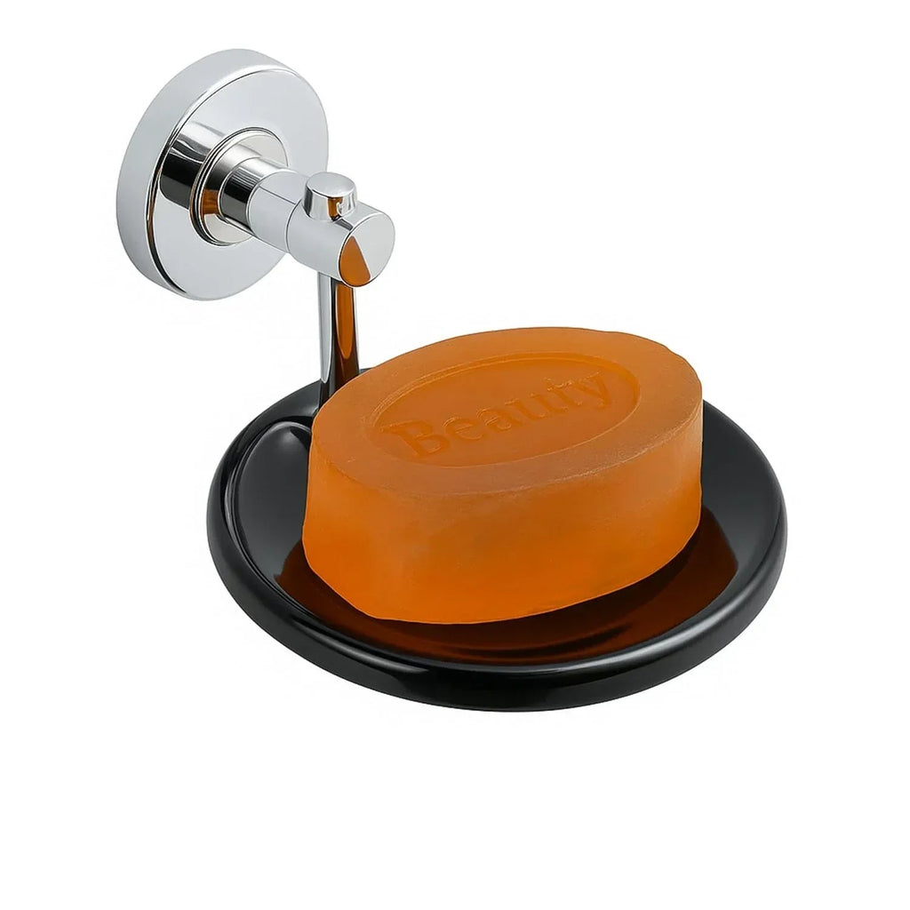 Round wall mounted stainless steel soap dish with a modern matte silver and black finish