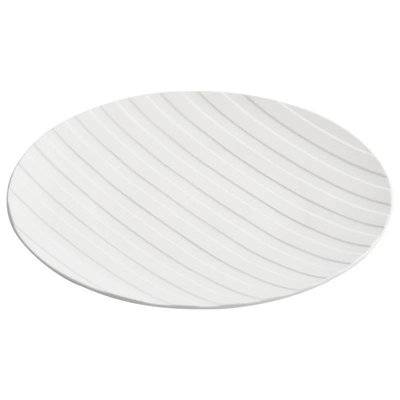 White ceramic plate with diagonal stripe relief texture for elegant modern dining presentations — view 5