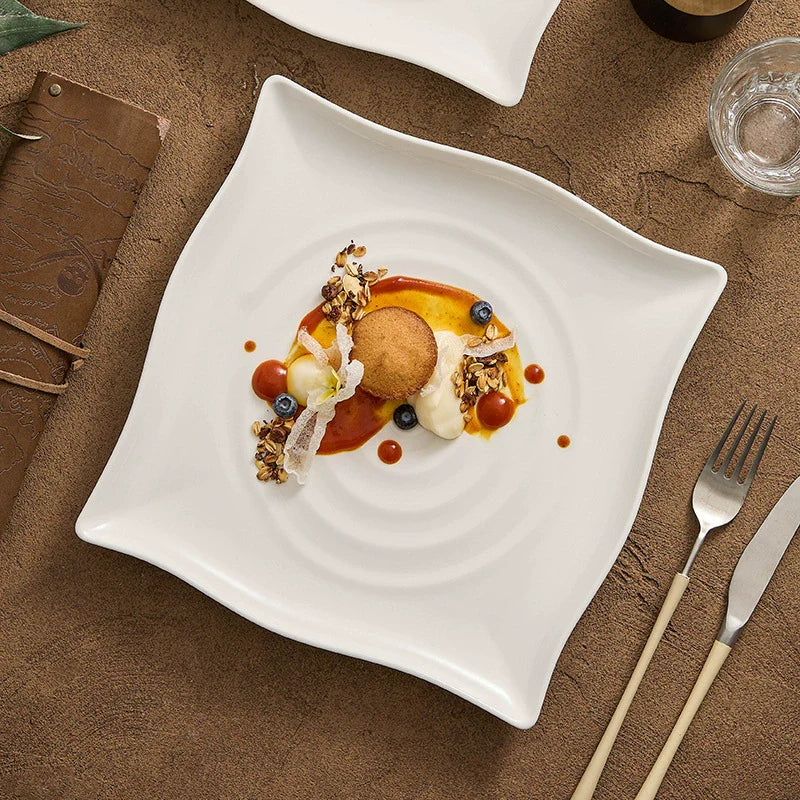 Modern ripple square plate in ivory white porcelain for minimalist dinnerware presentation and elegant dining — view 2