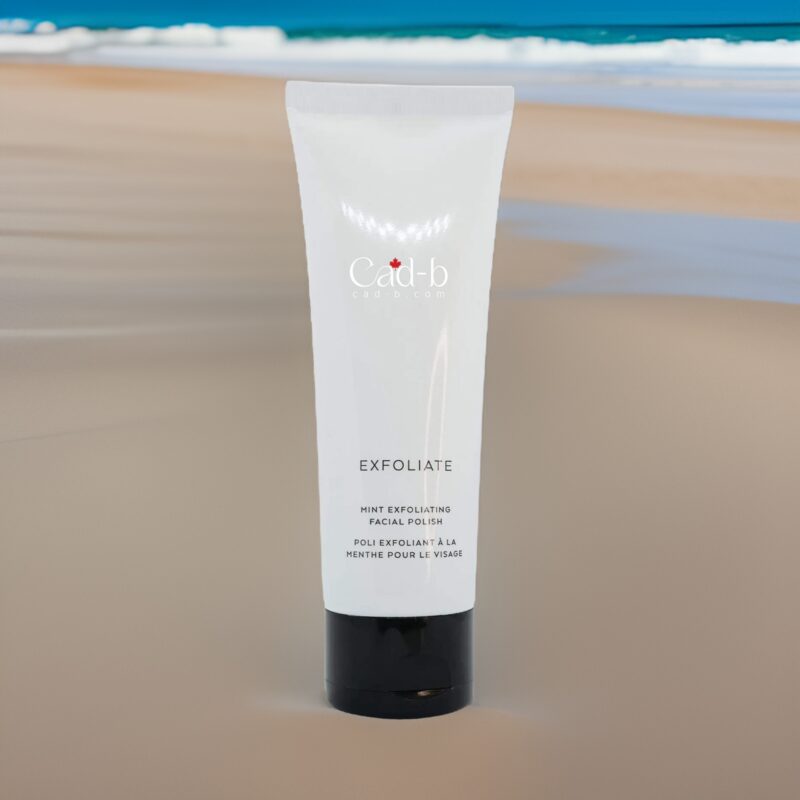Mint exfoliating facial polish in recyclable bottle with gentle face scrub texture and aloe vera.