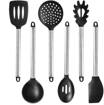 Modern silicone kitchen utensil set in sleek black and gray with cooking tools and spatulas