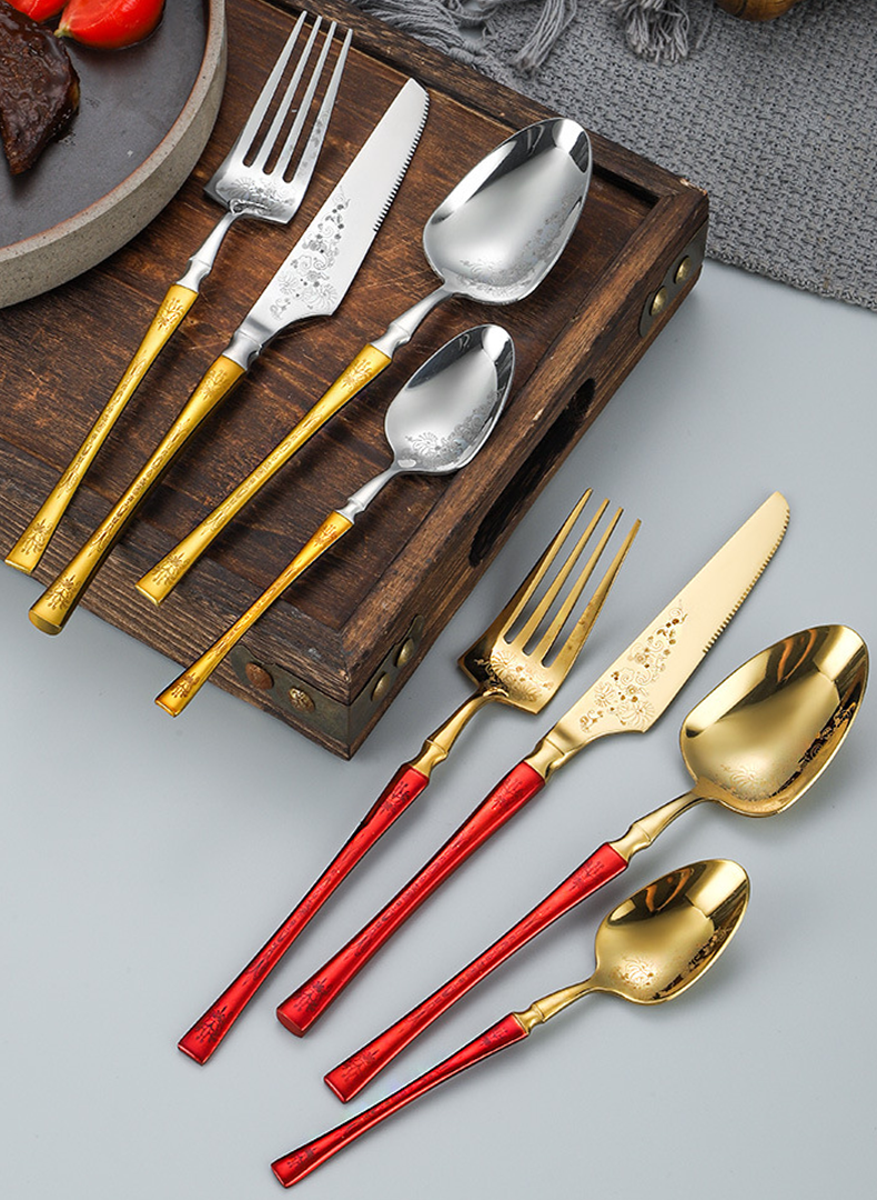 Luxury 304 stainless steel cutlery set with gold mirror finish and elegant green enamel handles — view 2