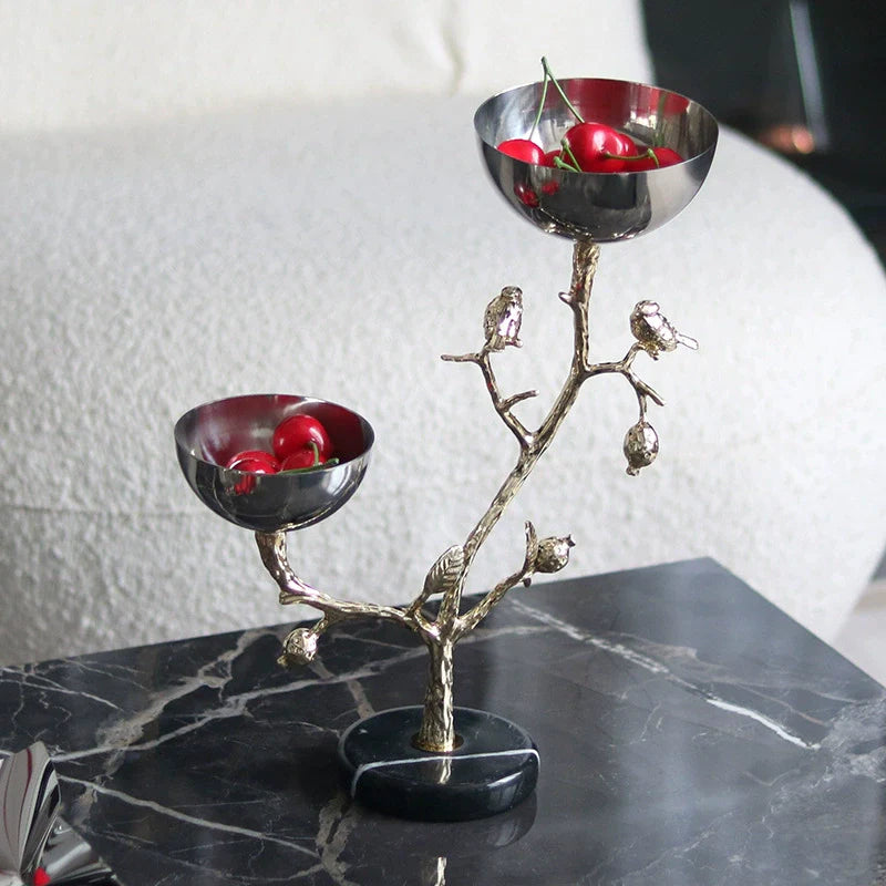 Luxury decorative bowl stand with golden tree bird branches and dual stainless steel serving bowls — view 5