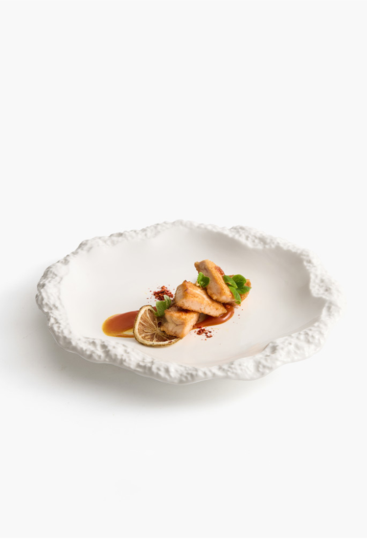 Rock pattern ceramic plate in soft matte finish, modern flat shallow dining dish with skirted edge — view 4