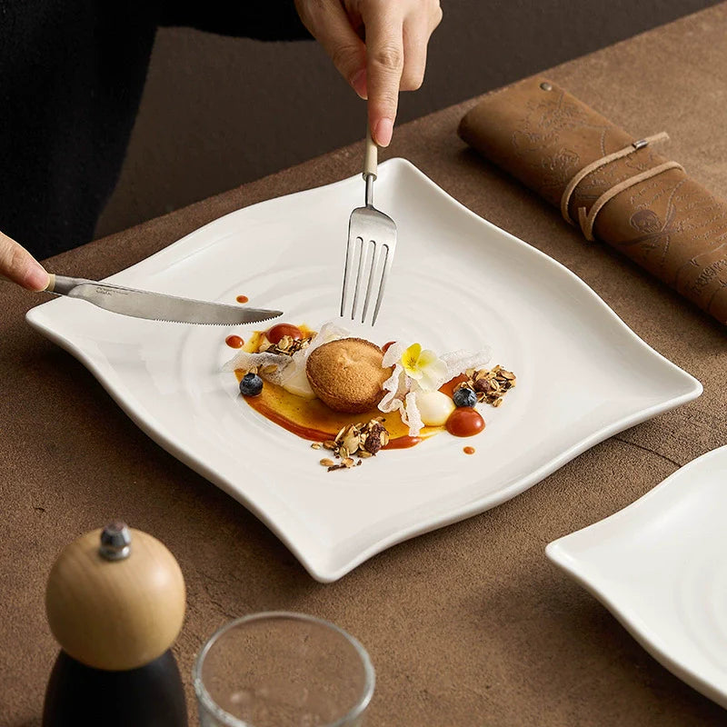 Modern ripple square plate in ivory white porcelain for minimalist dinnerware presentation and elegant dining