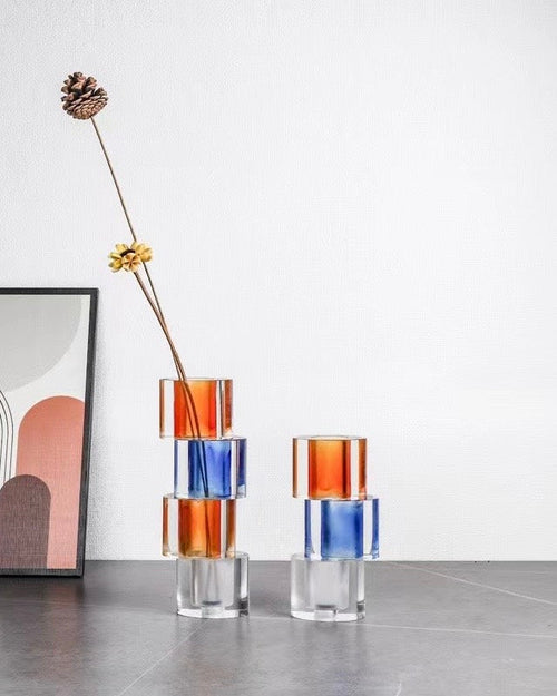 Modern crystal nugget vase with stacked geometric glass blocks in vibrant contemporary colors.