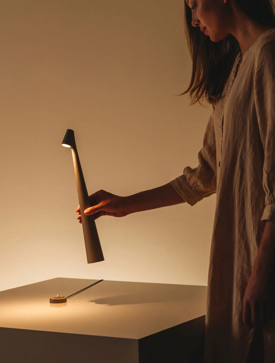 Nordic portable table lamp in matte aluminum tall sculptural design with warm ambient LED glow — view 3