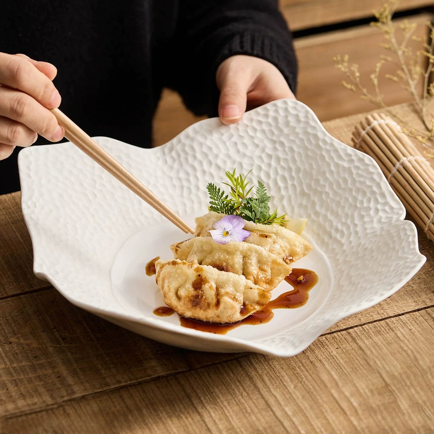 Irregular matte square plate in off white high fired ceramic with lattice surface — view 2