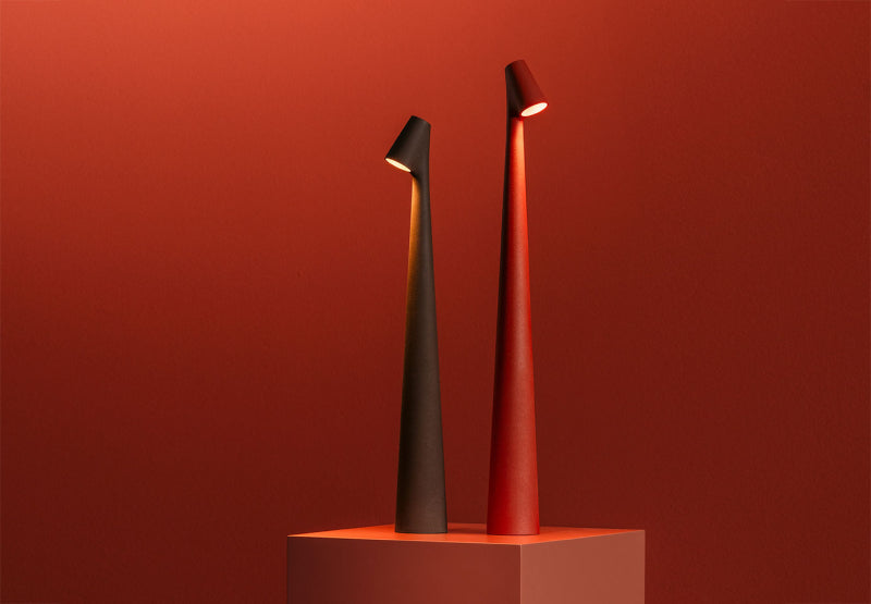 Nordic portable table lamp in matte aluminum tall sculptural design with warm ambient LED glow