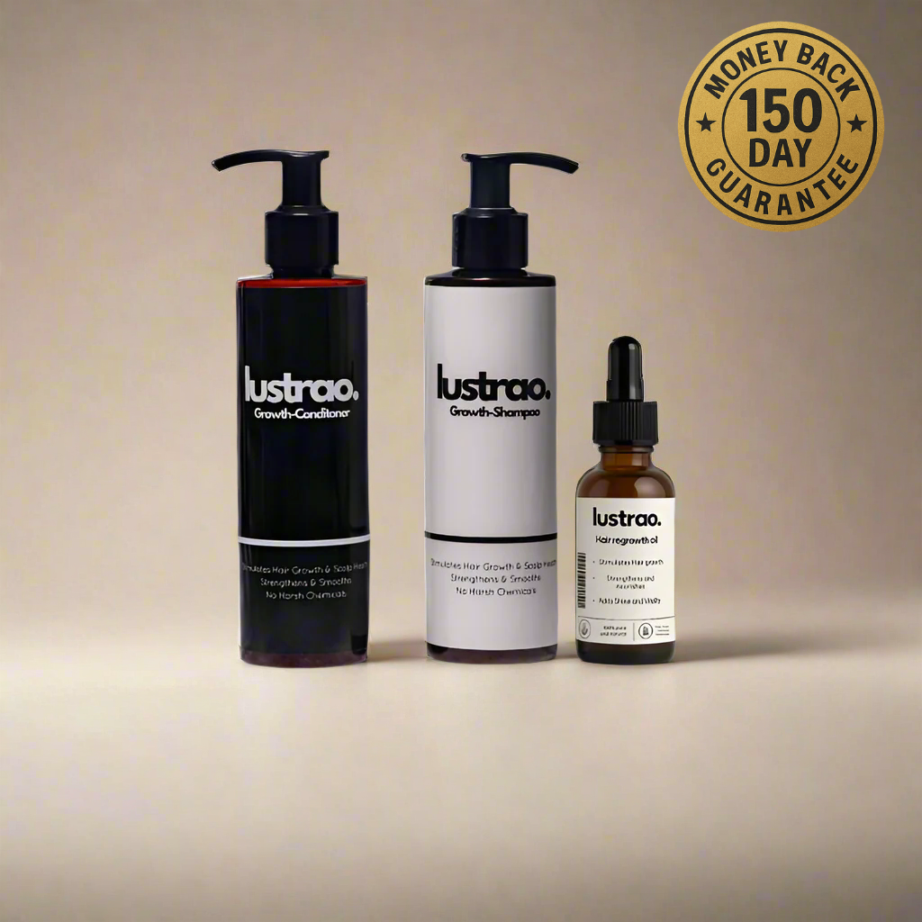 Lustrao hair growth trio set including shampoo, conditioner, and regrowth oil bottles with botanical ingredients.