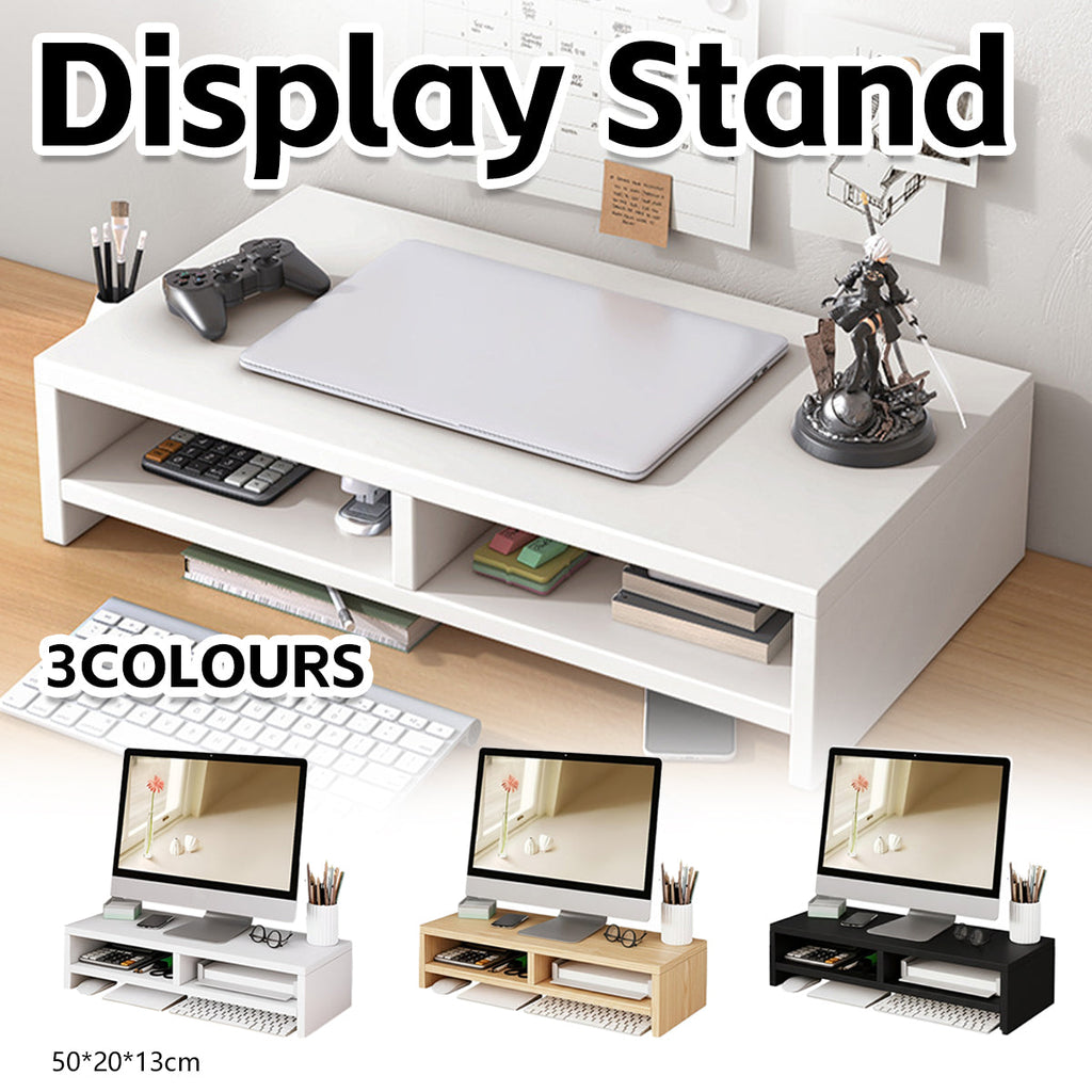 Wooden double-layer monitor stand riser with storage compartments on an office desk.
