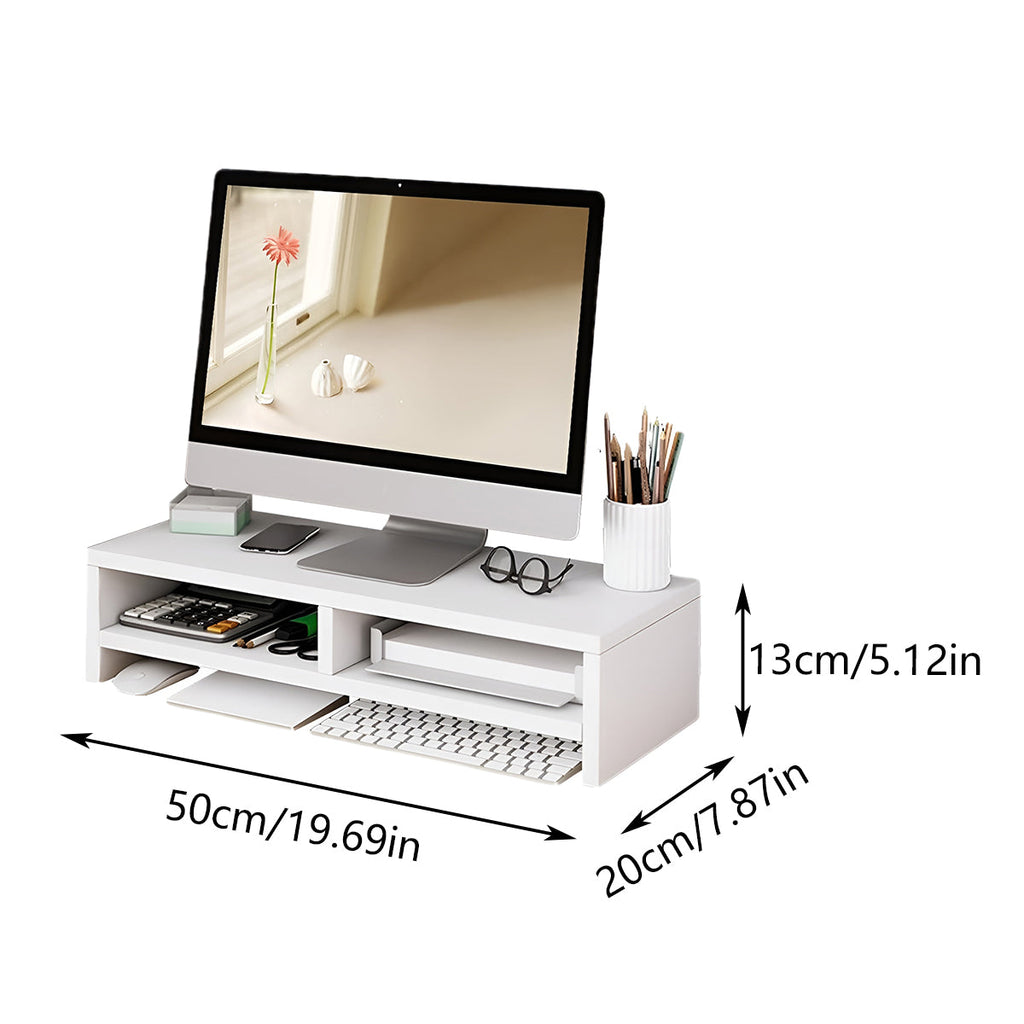 Wooden double-layer monitor stand riser with storage compartments on an office desk. — view 3
