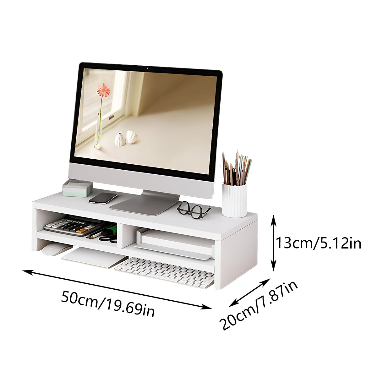 Wooden double-layer monitor stand riser with storage compartments on an office desk. — view 3