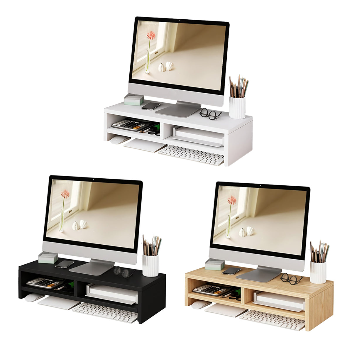 Wooden double-layer monitor stand riser with storage compartments on an office desk. — view 2
