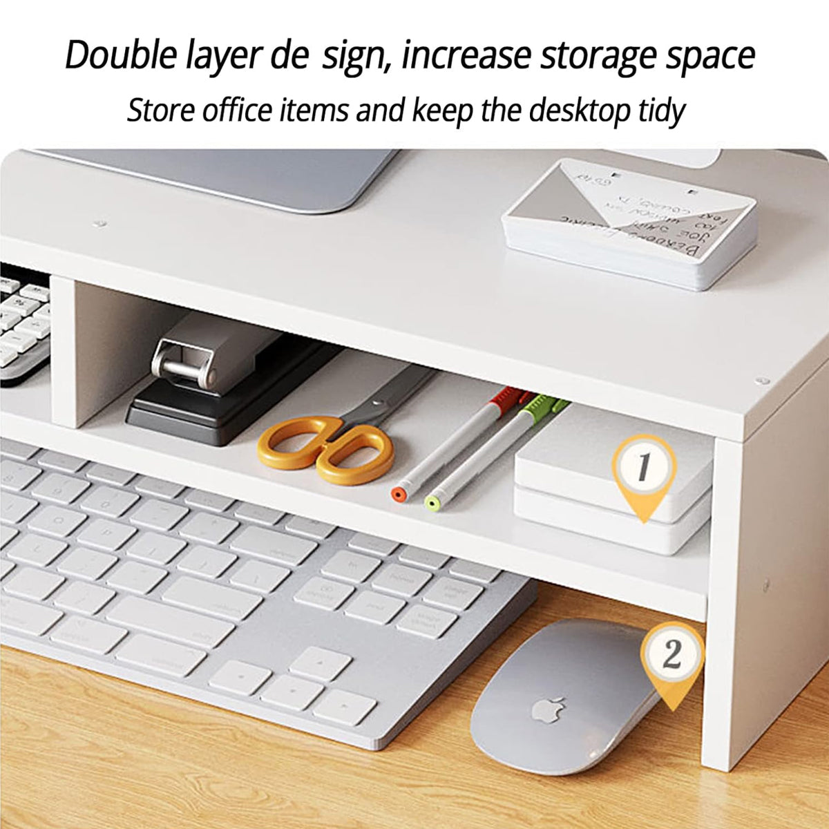 Wooden double-layer monitor stand riser with storage compartments on an office desk. — view 4
