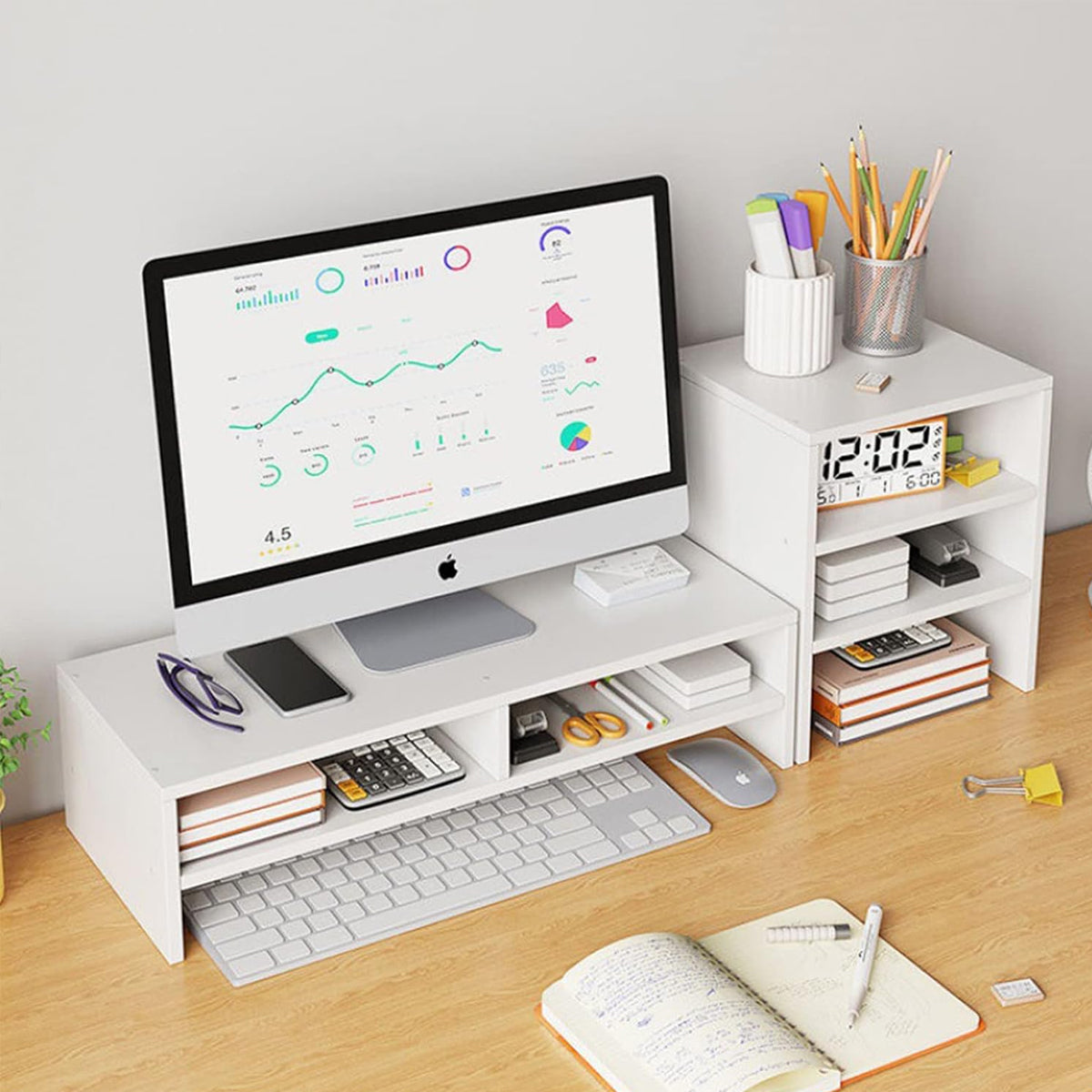 Wooden double-layer monitor stand riser with storage compartments on an office desk. — view 5