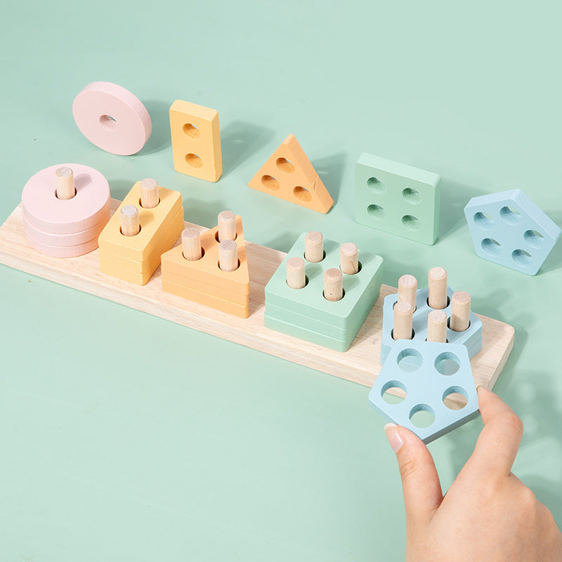 Wooden Montessori geometric shape educational sorting toy with five column sets for children