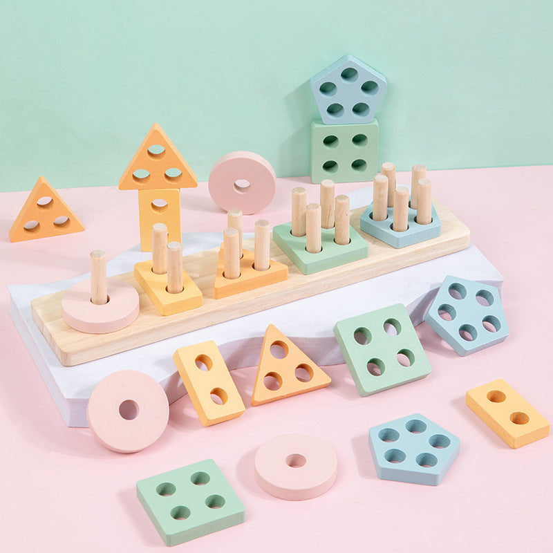 Wooden Montessori geometric shape educational sorting toy with five column sets for children — view 3