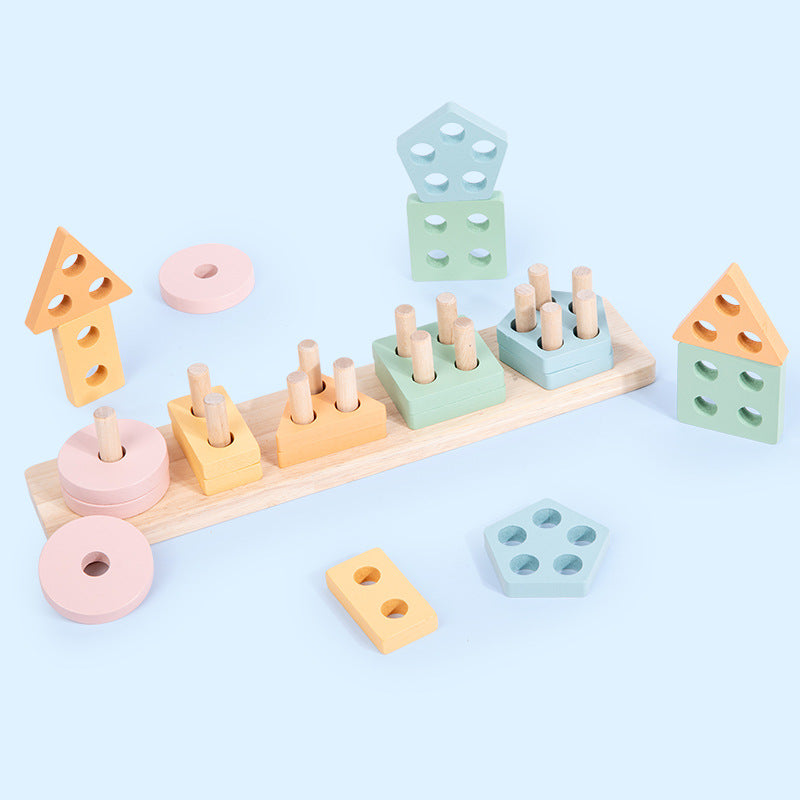 Wooden Montessori geometric shape educational sorting toy with five column sets for children — view 4
