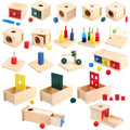 Montessori wooden educational toy set with imbucare box, triangle prism, and developmental toddler puzzles.