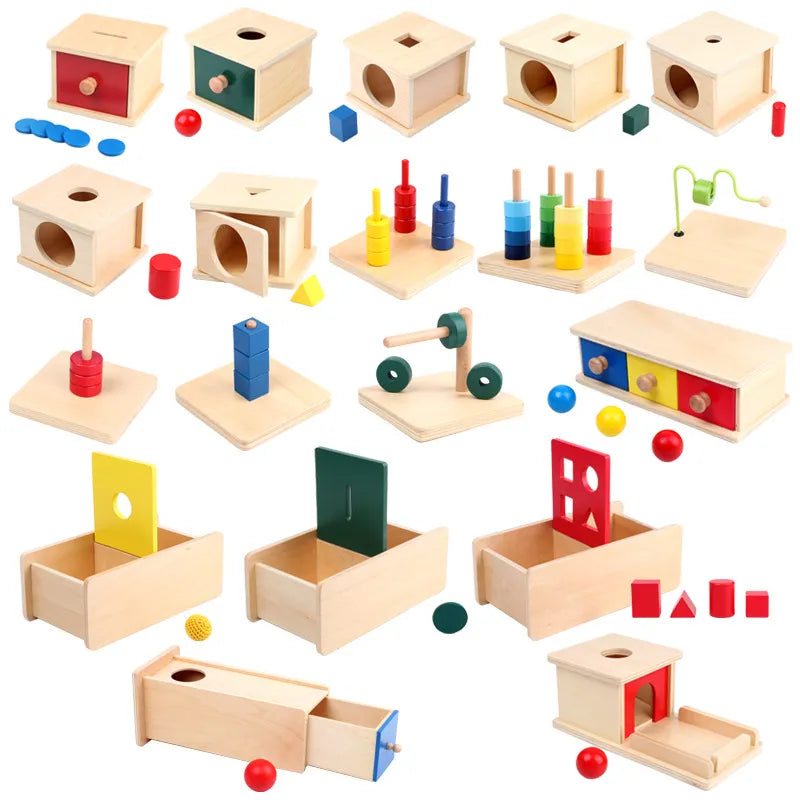 Montessori wooden educational toy set with imbucare box, triangle prism, and developmental toddler puzzles.