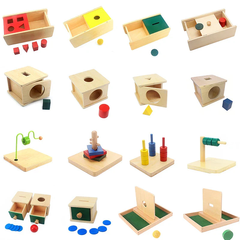 Montessori wooden educational toy set with imbucare box, triangle prism, and developmental toddler puzzles. — view 2