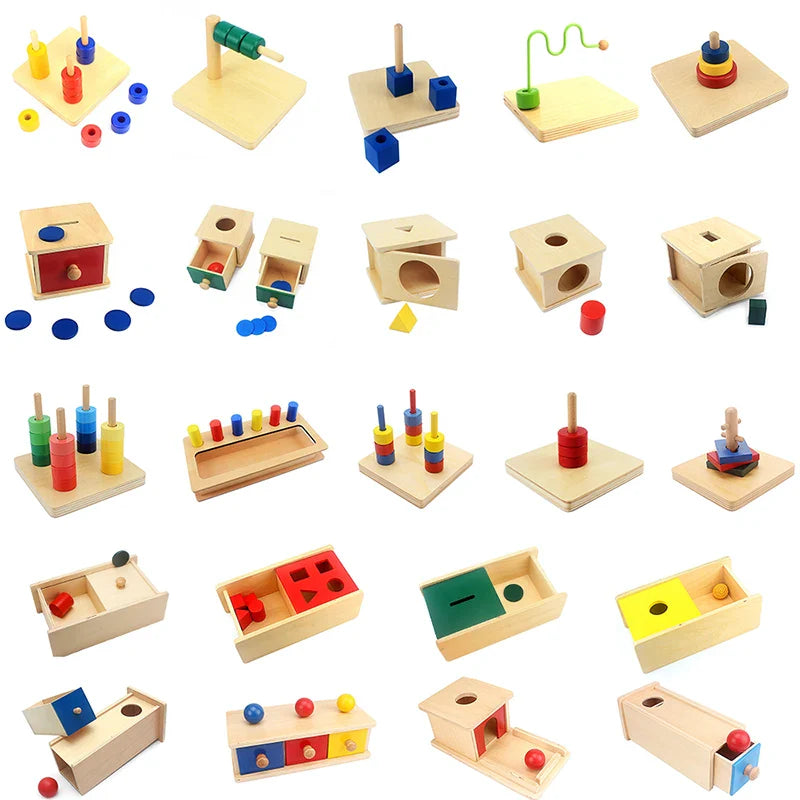 Montessori wooden educational toy set with imbucare box, triangle prism, and developmental toddler puzzles. — view 3