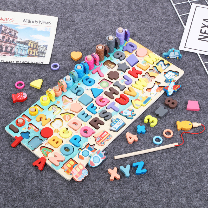 Montessori wooden math fishing board toy for toddlers featuring colorful numbers, rings, and wooden fish