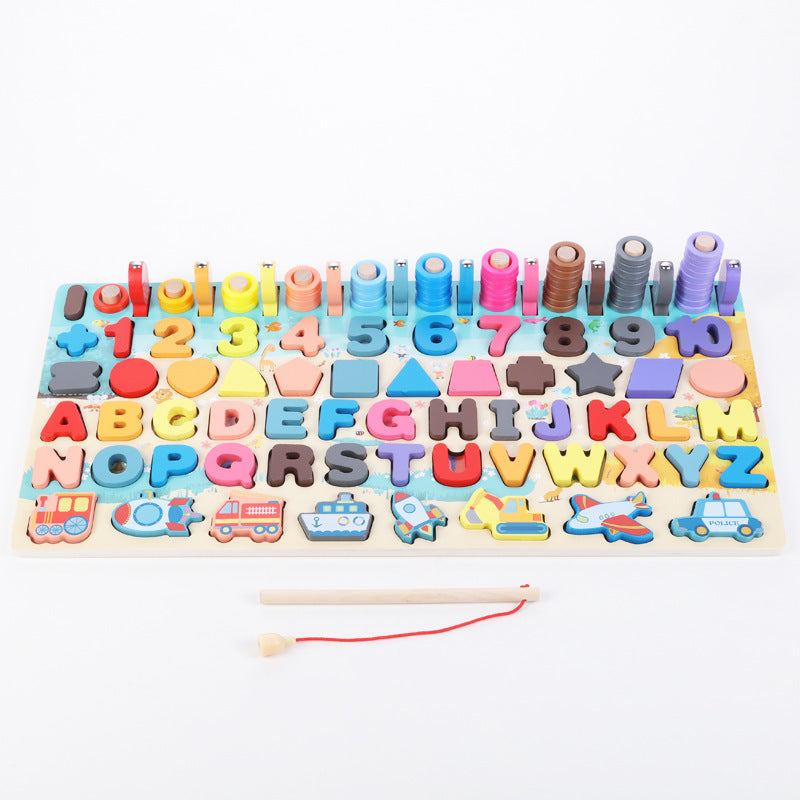Montessori wooden math fishing board toy for toddlers featuring colorful numbers, rings, and wooden fish — view 2