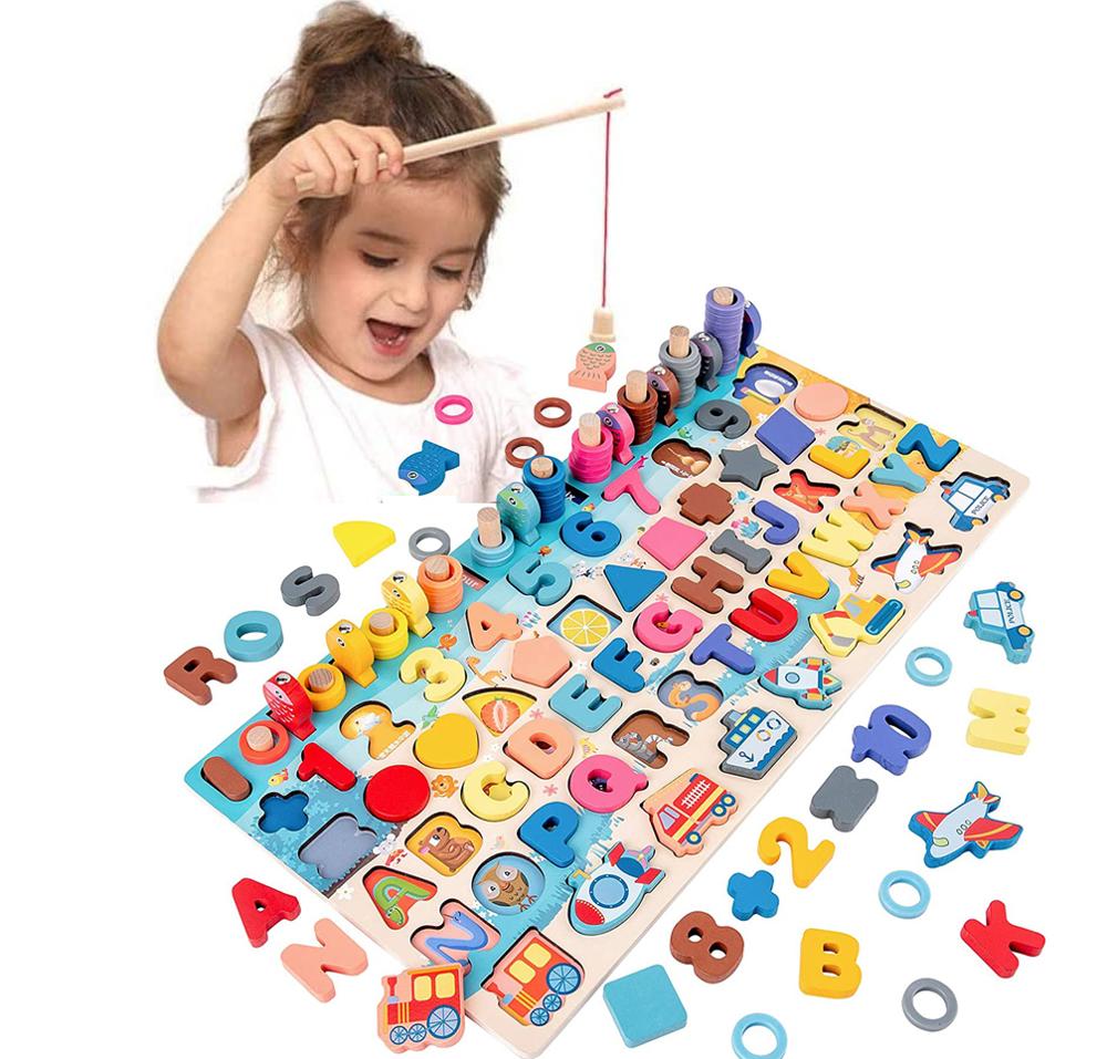 Montessori wooden math fishing board toy for toddlers featuring colorful numbers, rings, and wooden fish — view 3