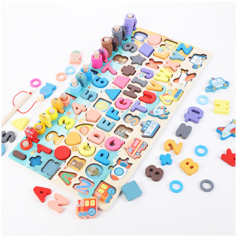 Montessori wooden math fishing board toy for toddlers featuring colorful numbers, rings, and wooden fish — view 4