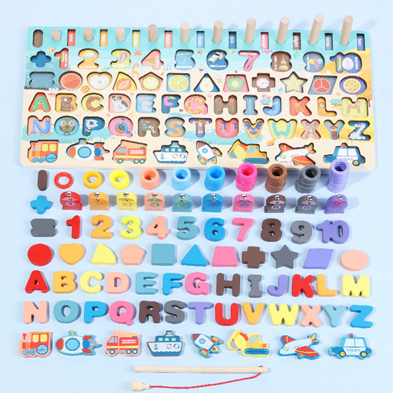 Montessori wooden math fishing board toy for toddlers featuring colorful numbers, rings, and wooden fish — view 5