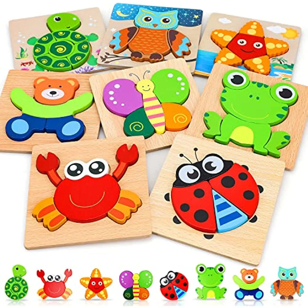 Montessori wooden puzzle with bright colorful animal shapes made of natural wood for toddlers