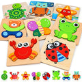 Montessori wooden puzzle with bright colorful animal shapes made of natural wood for toddlers