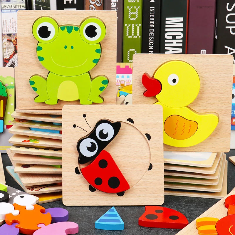 Montessori wooden puzzle with bright colorful animal shapes made of natural wood for toddlers — view 2