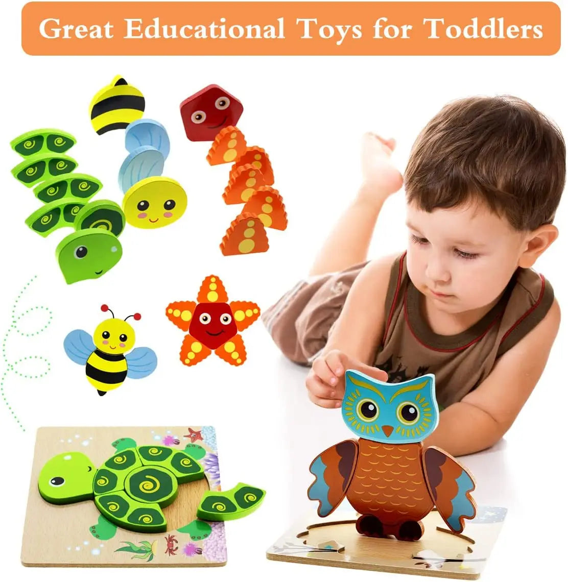 Montessori wooden puzzle with bright colorful animal shapes made of natural wood for toddlers — view 3
