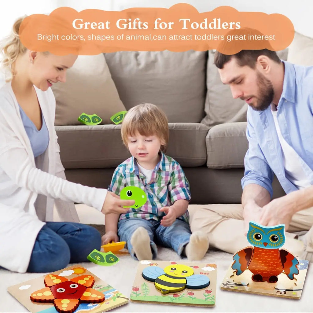 Montessori wooden puzzle with bright colorful animal shapes made of natural wood for toddlers — view 5