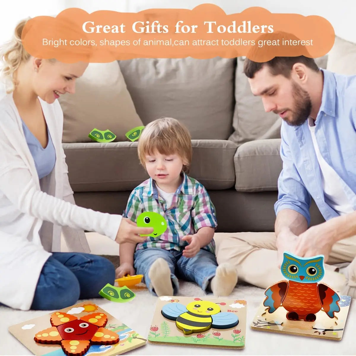 Montessori wooden puzzle with bright colorful animal shapes made of natural wood for toddlers — view 5