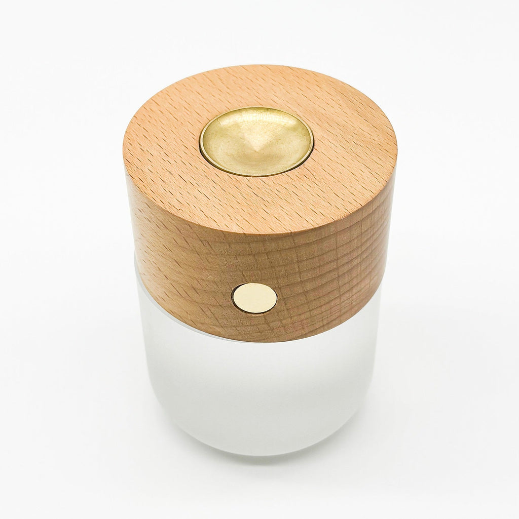 Moonlight essential oil diffuser, minimalist white glass waterless aromatherapy device with built-in LED ambient lighting — view 2