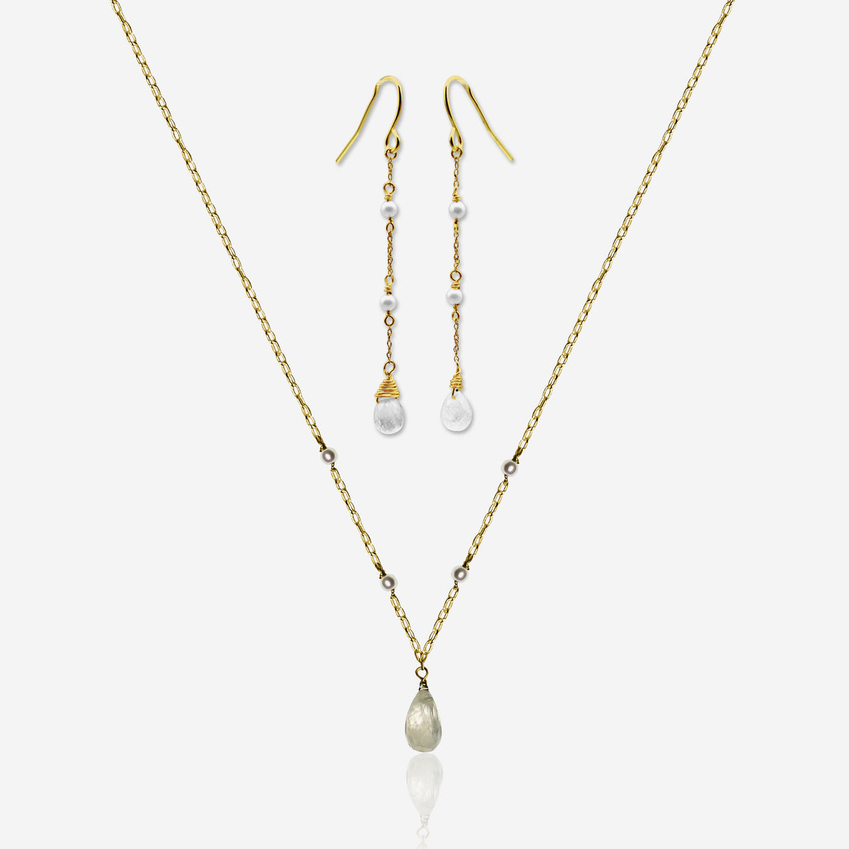 Moonstone & Pearl Jewelry Set | Earrings & Necklace | 14K Gold-0