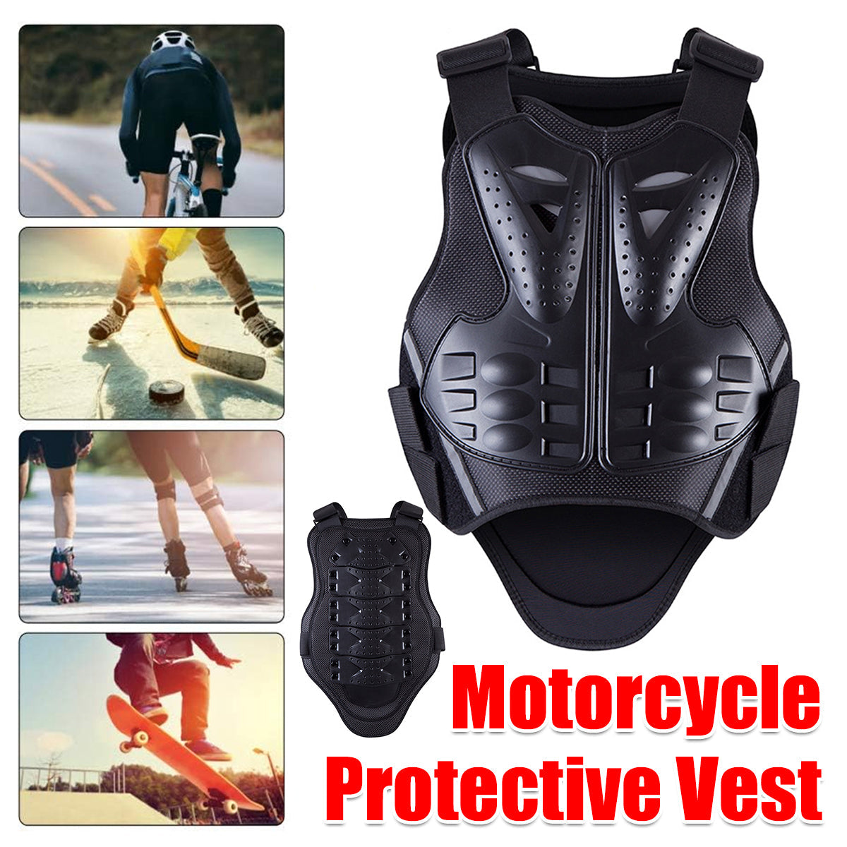 Black shockproof motorcycle back protector vest with breathable foam padding and adjustable straps