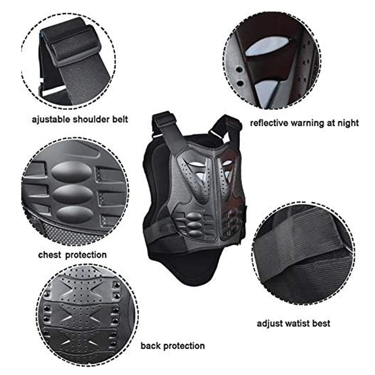 Black shockproof motorcycle back protector vest with breathable foam padding and adjustable straps — view 4